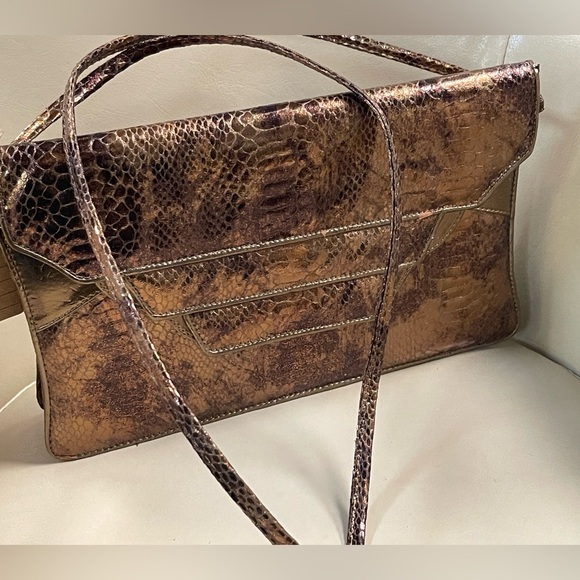 Handbags - 1980’s-1990’s Metallic Brown Snake-Embossed Shoulder Bag